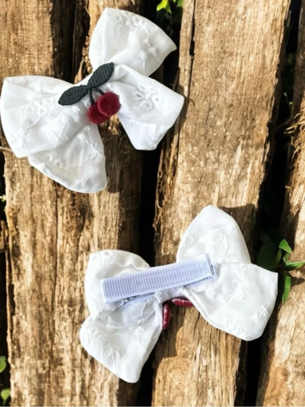 Handmade White Eyelet Cherry Hair Bows – Set of 2
